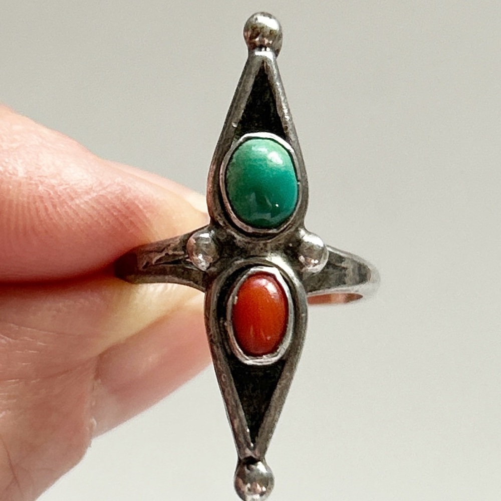 Vintage Southwestern Coral Turquoise Sterling Silver Ring - Picture 1 of 10